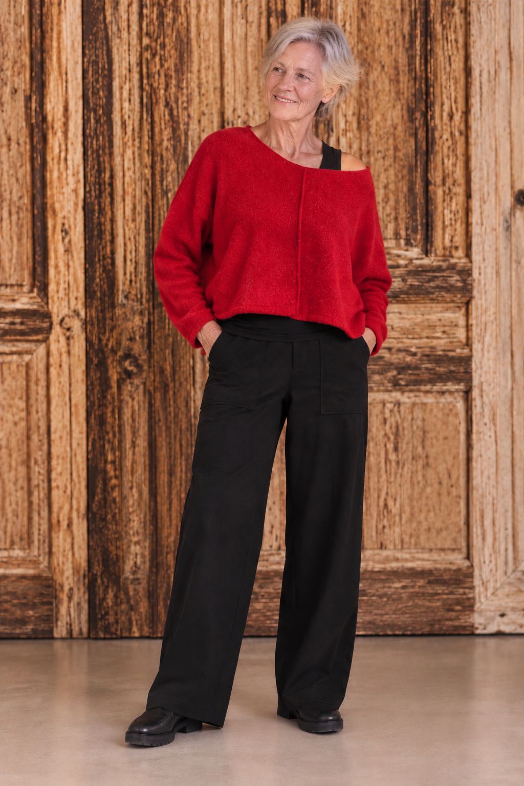 Boris - Trui kort fleece mêlee uni + print -  nr. 6115 Rood