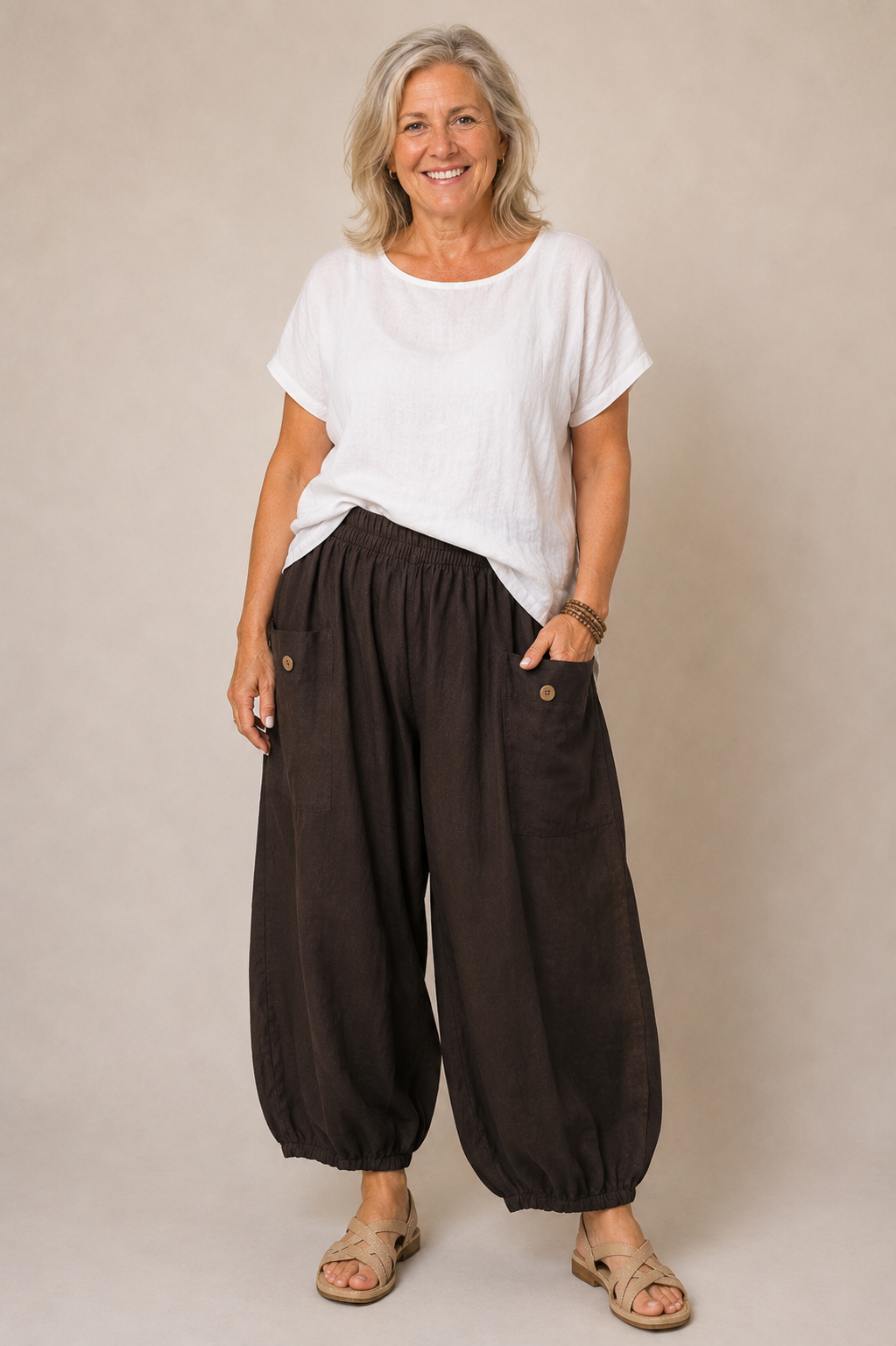 BB Style - Linnen broek zakken met knoop - Donkerbruin