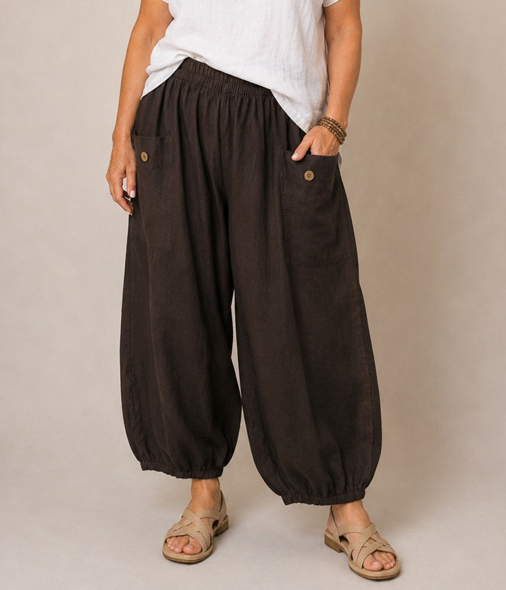 BB Style - Linnen broek zakken met knoop - Donkerbruin