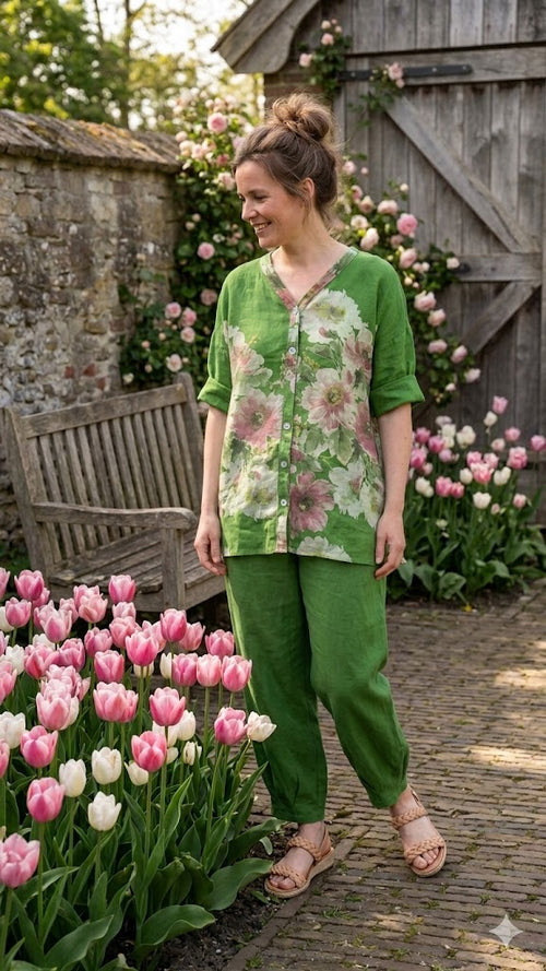 BB Style - Linnen blouse bloem - Groen